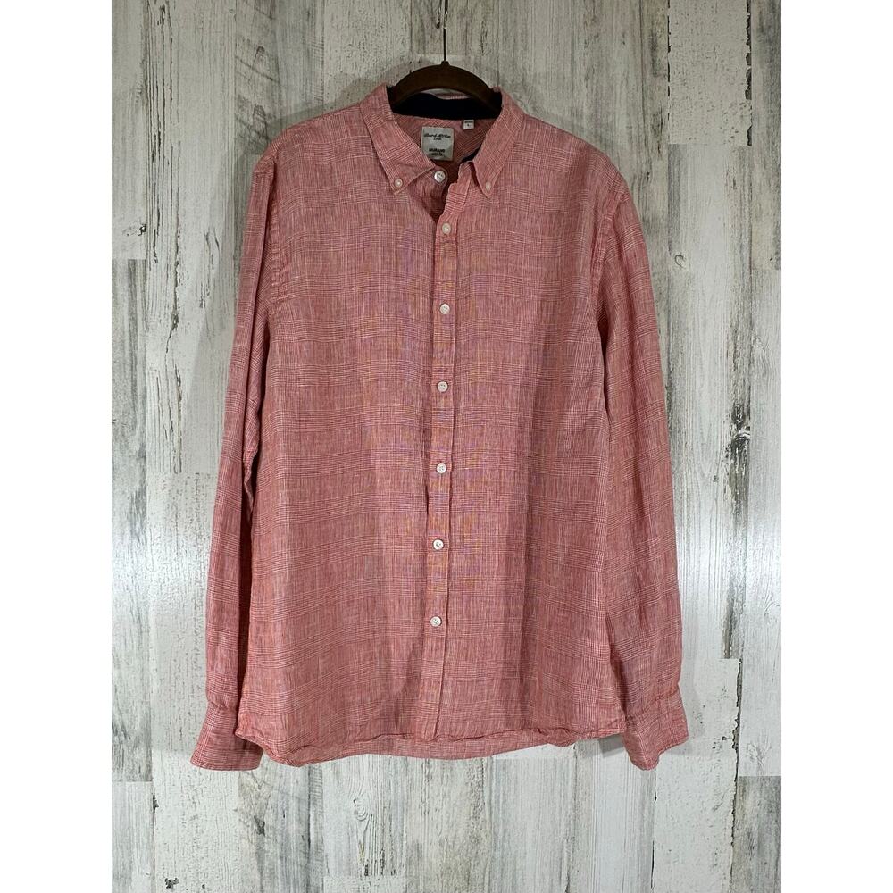 Baird McNutt‎ Linen Murano Slim Fit Button Up Shirt Orange Coral Peach Plaid